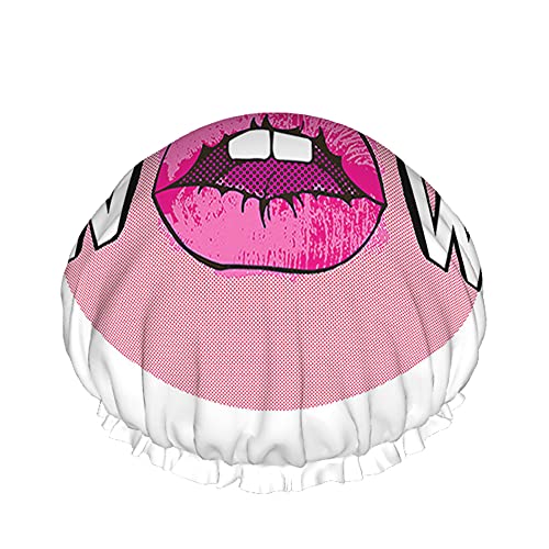 Lip Shower Cap Fashion Pink Sexy Woman Lips with Wow Word Large Bath Caps for Women Men Girls Long Hair Waterproof Reusable Hats von Ahdyr