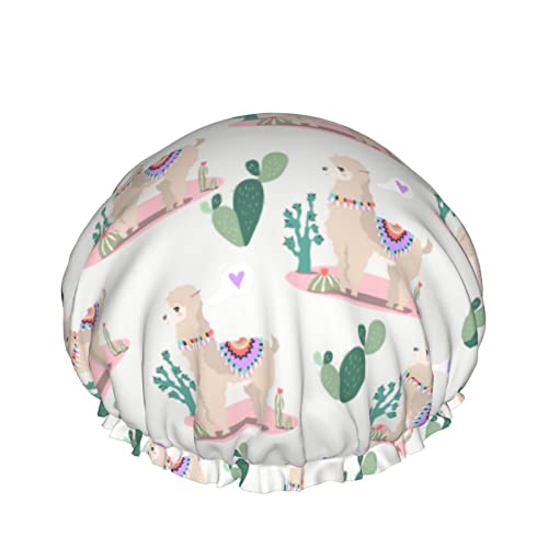 Llama Tropical Cactus Alpaca Wiederverwendbare Duschhaube, wasserdichte Badehaube mit PEVA-Futter und elastischem Band, Stretch-Saum, Haarhut für Damen und Herren von Ahdyr