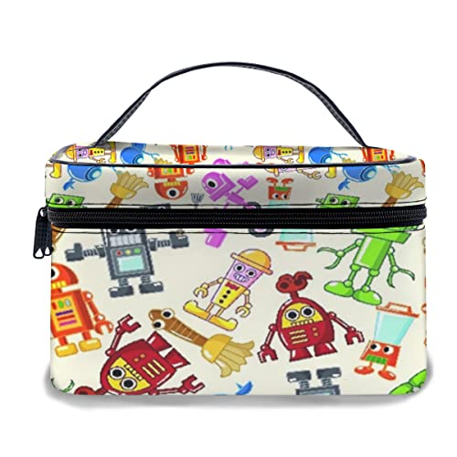 Make-up-Tasche aus Leder, Bunte Cartoon-Roboter-Sammlung, Jungen-Kinderzimmer, futuristisches, fantastisches Wissenschaftsspielzeug, wasserdichte, tragbare Make-up-Taschen von Ahdyr