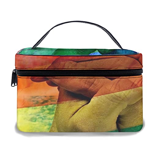 Make-up-Tasche aus Leder, Doppelbelichtung Einer Regenbogenfahne und die Hände eines Jungen Mannes wie beim Beten, wasserdichte tragbare Make-up-Taschen von Ahdyr