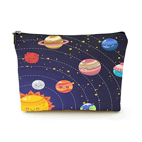 Make-up-Tasche für Damen, Leinen, Reise-Kosmetiktaschen für Geschäftsreisen, Doodle-Cartoon-Symbole, Planeten des Sonnensystems, schöne Make-up-Tasche von Ahdyr