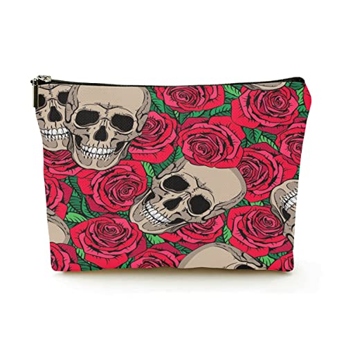 Make-up-Tasche für Damen, Leinen, Reise-Kosmetiktaschen für Geschäftsreisen, lächelnder Totenkopf und rote Rosen, schöne Make-up-Tasche von Ahdyr