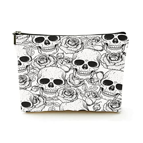 Make-up-Tasche für Damen, Leinen, Reise-Kosmetiktaschen für Geschäftsreisen, und gezeichnetes Totenkopf- und Rosen-Linear, wunderschöne Make-up-Tasche von Ahdyr