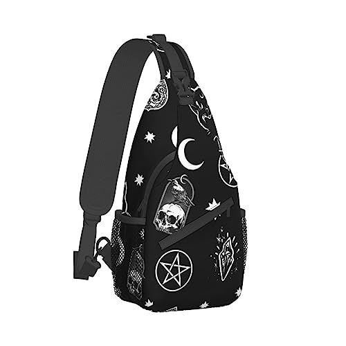 Modischer Sling-Rucksack, Tagesrucksack, Totenkopf, Katze, Mond, Gothic, Totenkopf, Rabenmuster, schwarz, Umhängetasche, Brustrucksack, Tragetaschen, Turnbeutel, Sack, Tagesrucksack, Outdoor-Rucksac von Ahdyr