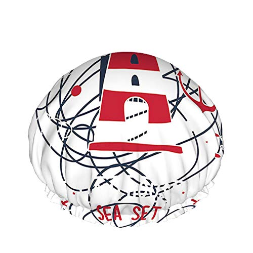 Nautische Duschhaube Meer Cartoon Leuchtturm Fisch Korallenwolke Große Badekappen für Frauen Männer Mädchen Langes Haar Wasserdichte wiederverwendbare Hüte von Ahdyr