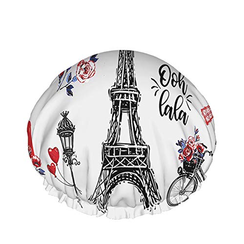 Paris Duschhaube Vintage Französisch Marks Wort Eiffelturm Liebe Herz Flaggen Fahrrad Blume Große Badekappen für Frauen Männer Mädchen Langes Haar Wasserdichte wiederverwendbare Hüte von Ahdyr