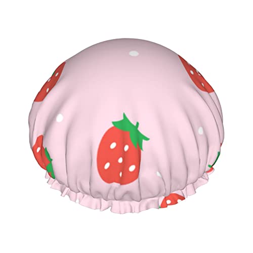 Pink Red Strawberry Shower Cap für Damen, doppelt wasserdicht, Bade-Duschhut, groß, entworfen für alle Haare von Ahdyr