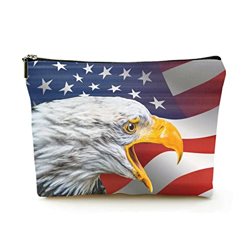 Premium-Make-up-Tasche für Damen, Leinen, Reise-Kosmetiktaschen, Adlergesicht isoliert auf Hintergrund der US-Flagge, langlebiges Kosmetiketui von Ahdyr