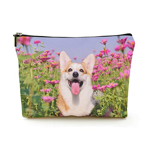 Premium-Make-up-Tasche für Damen, Leinen, Reise-Kosmetiktaschen, Blumen und Corgi, langlebiges Kosmetiketui von Ahdyr