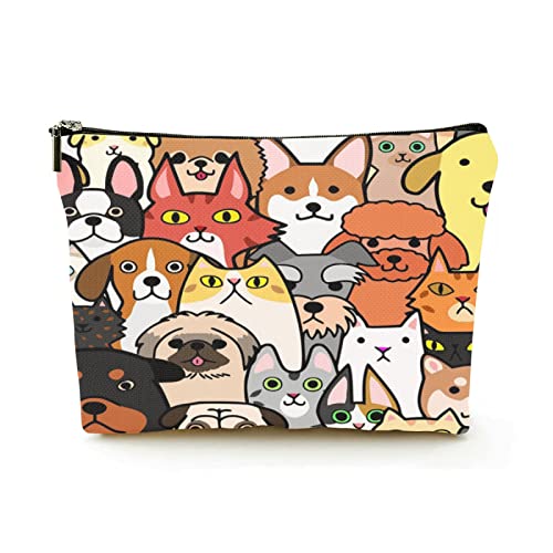 Premium-Make-up-Tasche für Damen, Leinen, Reise-Kosmetiktaschen, Doodle-Hunde und Katzen-Gesichter mit Buntem Hintergrund, langlebige Kosmetiktasche von Ahdyr