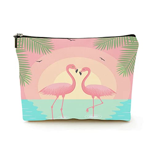Premium-Make-up-Tasche für Damen, Leinen, Reise-Kosmetiktaschen, Flamingos, Palmblätter und Möwen, langlebiges Kosmetiketui von Ahdyr