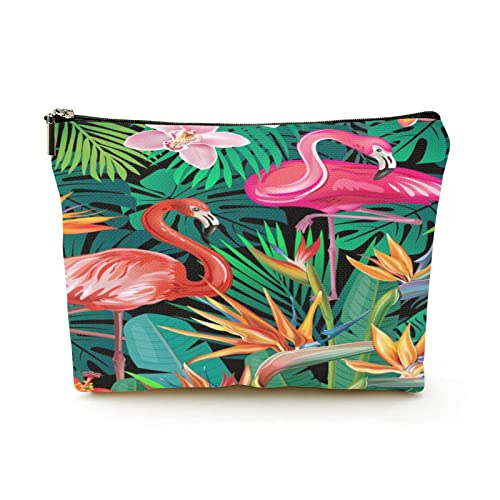 Premium-Make-up-Tasche für Damen, Leinen, Reise-Kosmetiktaschen, Flamingos und exotische Blumen, langlebiges Kosmetiketui von Ahdyr
