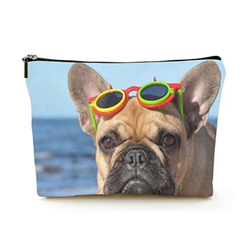 Premium-Make-up-Tasche für Damen, Leinen, Reise-Kosmetiktaschen, Französische Bulldogge mit Sonnenbrille, langlebiges Kosmetiketui von Ahdyr