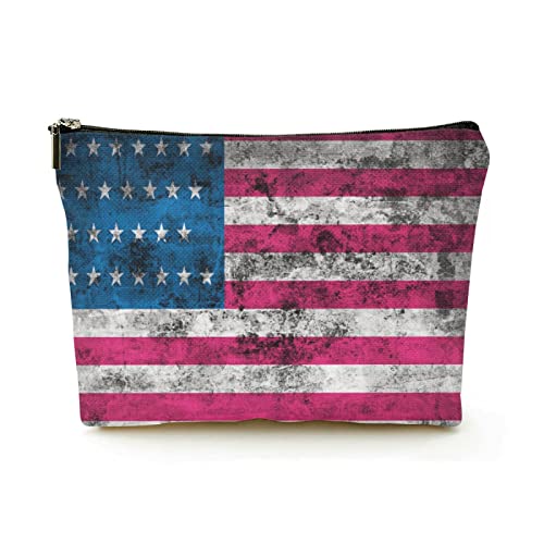 Premium-Make-up-Tasche für Damen, Leinen, Reise-Kosmetiktaschen, Grunge-USA-Flagge, langlebiges Kosmetiketui von Ahdyr