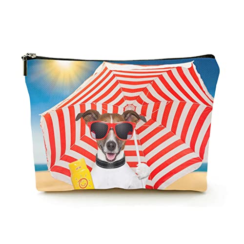 Premium-Make-up-Tasche für Damen, Leinen, Reise-Kosmetiktaschen, Hund am Strand unter rotem und weißem Regenschirm, langlebige Kosmetiktasche von Ahdyr