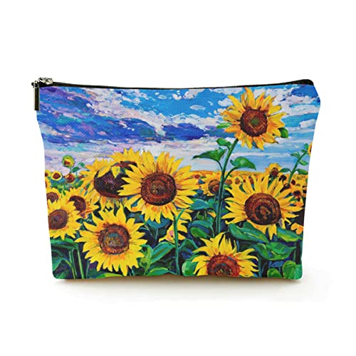 Premium-Make-up-Tasche für Damen, Leinen, Reise-Kosmetiktaschen, Landschaft mit Sonnenblumen, langlebiges Kosmetiketui von Ahdyr