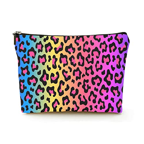 Premium-Make-up-Tasche für Damen, Leinen, Reise-Kosmetiktaschen, Neon-Regenbogenfarbener Leopard, langlebige Kosmetiktasche von Ahdyr