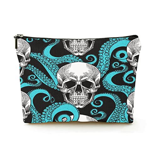 Premium-Make-up-Tasche für Damen, Leinen, Reise-Kosmetiktaschen, Oktopus-Schädel und Tentakel, langlebiges Kosmetiketui von Ahdyr
