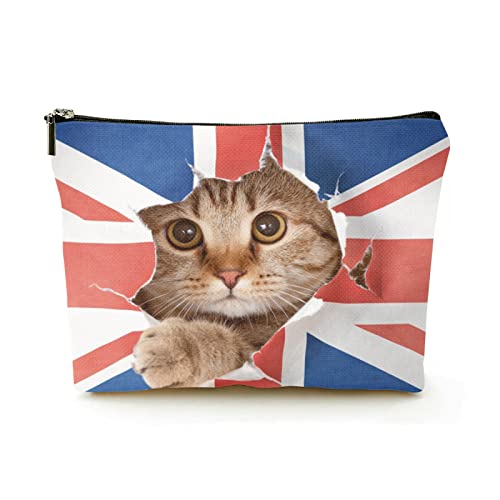 Premium-Make-up-Tasche für Damen, Leinen, Reise-Kosmetiktaschen, Pussycat zerreißt die Union-Jack-Flagge, langlebiges Kosmetiketui von Ahdyr