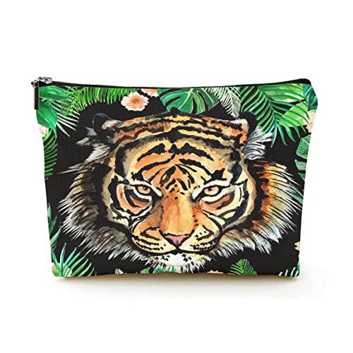 Premium-Make-up-Tasche für Damen, Leinen, Reise-Kosmetiktaschen, Tiger und Tropen, langlebige Kosmetiktasche von Ahdyr