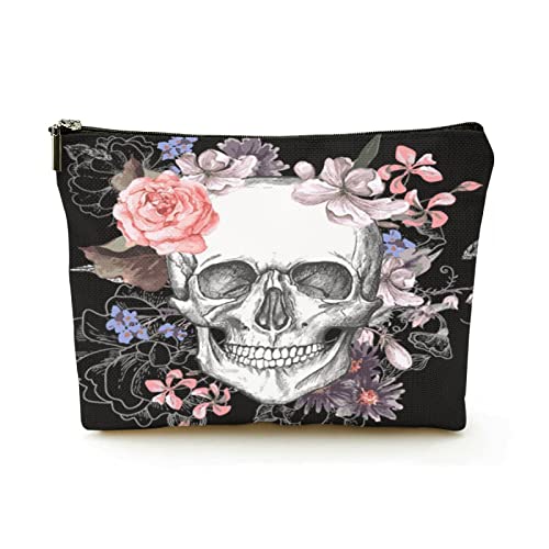 Premium-Make-up-Tasche für Damen, Leinen, Reise-Kosmetiktaschen, Totenkopf und Blumen, langlebiges Kosmetiketui von Ahdyr