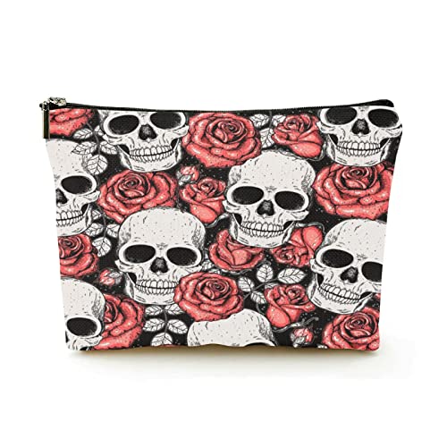 Premium-Make-up-Tasche für Damen, Leinen, Reise-Kosmetiktaschen, Totenkopf und rote Rosen, langlebige Kosmetiktasche von Ahdyr