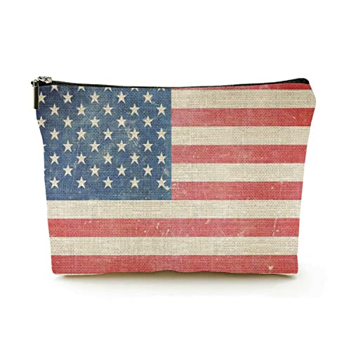 Premium-Make-up-Tasche für Damen, Leinen, Reise-Kosmetiktaschen, USA-Flagge auf Leinwand-Hintergrund, langlebiges Kosmetiketui von Ahdyr