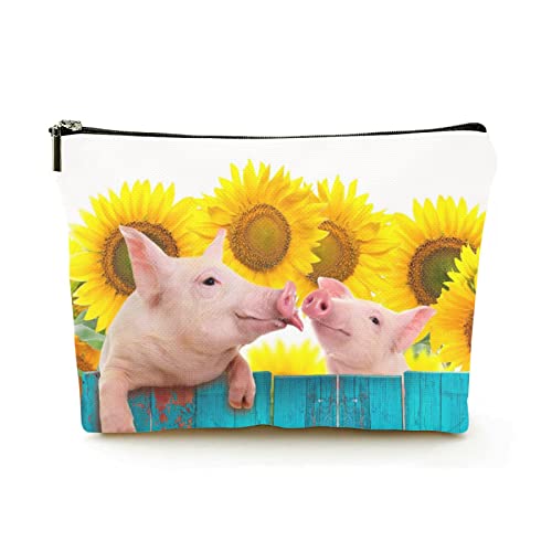 Premium-Make-up-Tasche für Damen, Leinen, Reise-Kosmetiktaschen, Zwei Schweine in Sonnenblumen, langlebige Kosmetiktasche von Ahdyr