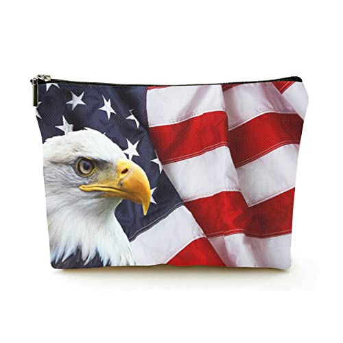 Premium-Make-up-Tasche für Damen, Leinen, Reise-Kosmetiktaschen, nordamerikanischer Weißkopfseeadler auf amerikanischer Flagge, langlebige Kosmetiktasche von Ahdyr