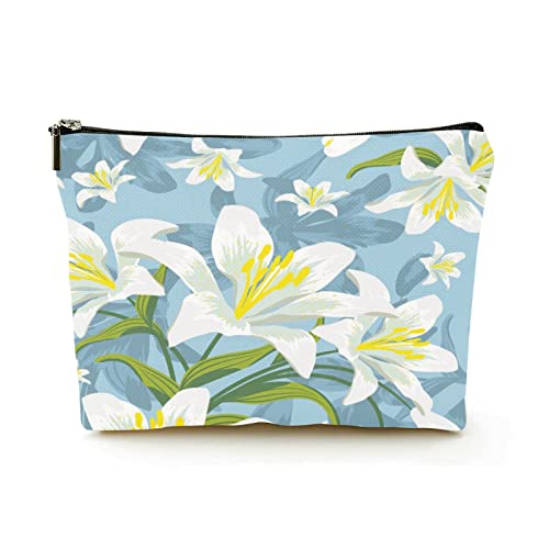 Premium-Make-up-Tasche für Damen, Leinen, Reise-Kosmetiktaschen, weißes Blumenmuster, langlebiges Kosmetiketui von Ahdyr