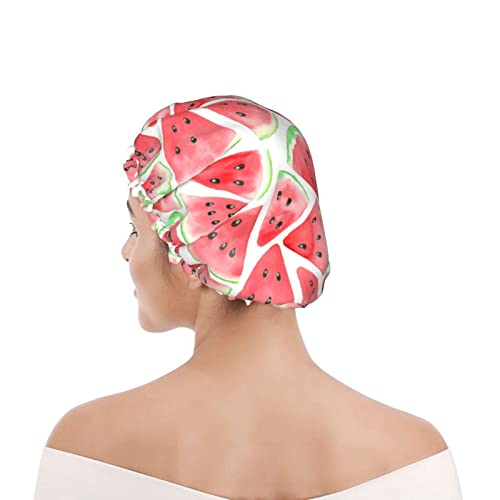 Rote Wassermelone Duschhaube Wiederverwendbare Badekappe für Frauen Haarschutz Weiche Haarhaube mit PEVA-Futter und elastischem Band Mode-Haar-Badekappen Doppellagiger wasserdichter Bade-Duschhut von Ahdyr