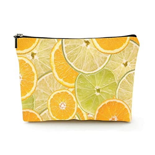 Stilvolle Make-up-Tasche für Damen, Leinen, Reise-Kosmetiktaschen, langlebige Make-up-Organizer-Tasche, Orange und Limettenscheibe, für Damen/Herren von Ahdyr