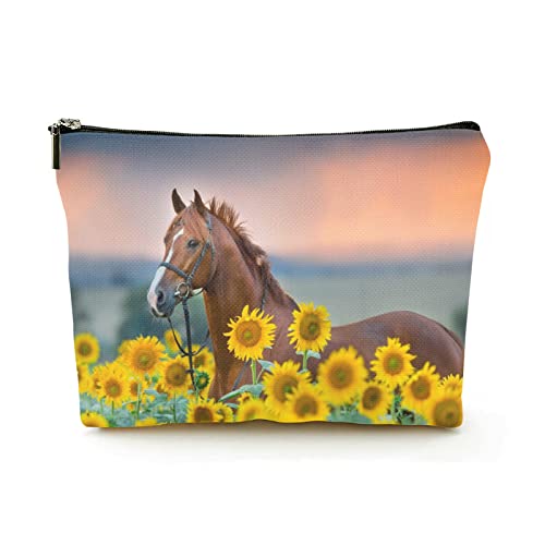 Stilvolle Make-up-Tasche für Damen, Leinen, Reise-Kosmetiktaschen, langlebige Make-up-Organizer-Tasche, Pferd unter Sonnenblumen, für Damen/Herren von Ahdyr