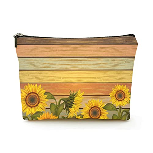 Stilvolle Make-up-Tasche für Damen, Leinen, Reise-Kosmetiktaschen, langlebige Make-up-Organizer-Tasche, Sonnenblumen und Blätter auf Buntem Holz, für Damen/Herren Stilvolle Make-up-Tasche für Damen, Leinen, Reise-Kosmetiktaschen, langlebige Make-up-Organizer-Tasche, Sonnenblumen und Blätter auf Buntem Holz, für Damen/Herren von Ahdyr