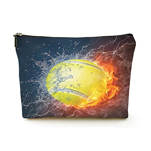 Stilvolle Make-up-Tasche für Damen, Leinen, Reise-Kosmetiktaschen, langlebige Make-up-Organizer-Tasche, Tennisball in Feuer und Wasser, für Damen/Herren von Ahdyr