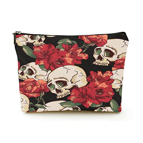 Stilvolle Make-up-Tasche für Damen, Leinen, Reise-Kosmetiktaschen, langlebige Make-up-Organizer-Tasche, Totenköpfe und rote Rosen, für Damen/Herren von Ahdyr