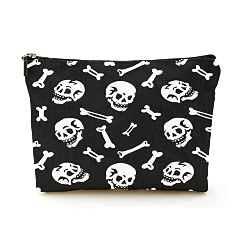 Stilvolle Make-up-Tasche für Damen, Leinen, Reise-Kosmetiktaschen, langlebige Make-up-Organizer-Tasche, Totenkopf und Knochen auf schwarzem Hintergrund, für Damen/Herren Stilvolle Make-up-Tasche für Damen, Leinen, Reise-Kosmetiktaschen, langlebige Make-up-Organizer-Tasche, Totenkopf und Knochen auf schwarzem Hintergrund, für Damen/Herren von Ahdyr