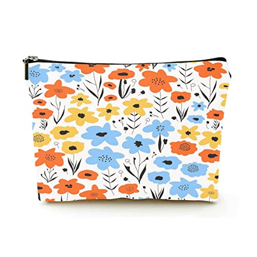 Stilvolle Make-up-Tasche für Damen, Leinen, Reise-Kosmetiktaschen, langlebige Make-up-Organizer-Tasche, blau, orange, gelb, schwarz, floraler Hintergrund, für Damen/Herren von Ahdyr