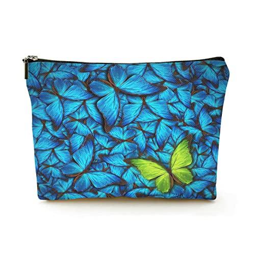 Stilvolle Make-up-Tasche für Damen, Leinen, Reise-Kosmetiktaschen, langlebige Make-up-Organizer-Tasche, grüner Schmetterling unter vielen blauen Schmetterlingen, für Damen/Herren Stilvolle Make-up-Tasche für Damen, Leinen, Reise-Kosmetiktaschen, langlebige Make-up-Organizer-Tasche, grüner Schmetterling unter vielen blauen Schmetterlingen, für Damen/Herren von Ahdyr