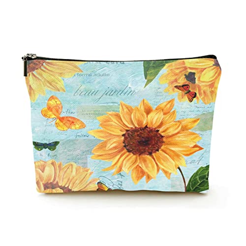 Stilvolle Make-up-Tasche für Damen, Leinen, Reise-Kosmetiktaschen, langlebige Make-up-Organizer-Tasche, handbemalte Aquarell-Sonnenblumen und Schmetterlinge, für Damen/Herren von Ahdyr