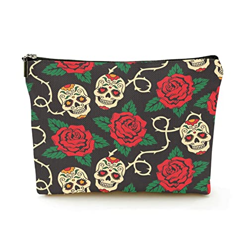 Stilvolle Make-up-Tasche für Damen, Leinen, Reise-Kosmetiktaschen, langlebige Make-up-Organizer-Tasche, rote Rosen und Zuckerschädel, für Damen/Herren von Ahdyr