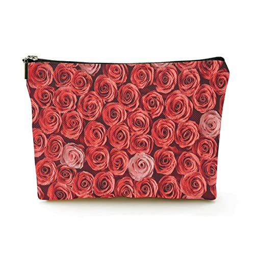 Stilvolle Make-up-Tasche für Damen, Leinen, Reise-Kosmetiktaschen, langlebige Make-up-Organizer-Tasche, rote und rosa Rosen, für Damen/Herren von Ahdyr