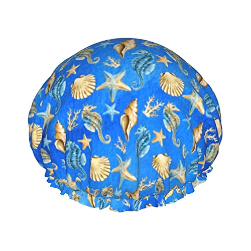Strand Muscheln Seepferdchen Duschhauben für Frauen, wasserdichte wiederverwendbare Duschhaarkappen Badekappen Turban Duschhaube für Mädchen von Ahdyr