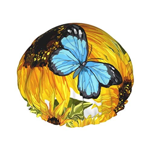 Sunflowers Blue Butterflies Duschhaube für Frauen, doppelt wasserdicht, Bade-Duschmütze, groß, für alle Haare von Ahdyr