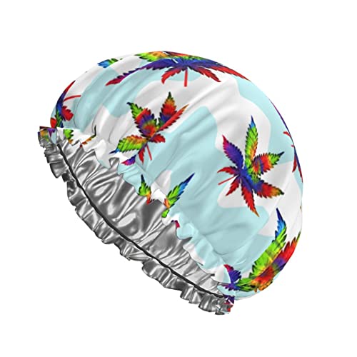 Tie Dyes Weed Leaf Duschhaube Wiederverwendbare Badekappe für Frauen Haarschutz Weiche Haarhaube mit PEVA-Futter und elastischem Band Mode-Haar-Badekappen Doppellagiger wasserdichter Bade-Duschhut von Ahdyr