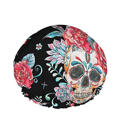 Totenkopf Duschhaube Vintage Aquarell Totenkopf Rosen Kaktus Sukkulente Blatt Blumen Große Badehauben für Damen Herren Mädchen Langes Haar Wasserdichte wiederverwendbare Hüte von Ahdyr