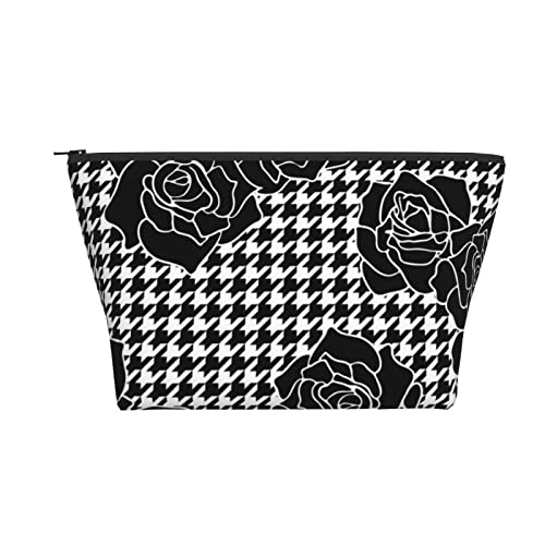 Tragbare Kosmetiktasche Roses Black Houndstooth Plaid Make-up-Tasche Reise-Kulturtasche für Mädchen und Frauen von Ahdyr