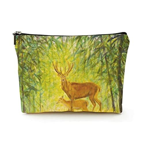 Tragbare Make-up-Tasche für Damen, Leinen, Reise-Kosmetiktaschen mit Reißverschluss, Make-up-Tasche für Geschäftsreisen, Hirsch im Herbstwald-Ölgemälde von Ahdyr
