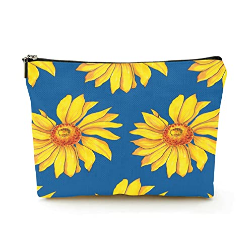 Tragbare Make-up-Tasche für Damen, Leinen, Reise-Kosmetiktaschen mit Reißverschluss, Make-up-Tasche für Geschäftsreisen, Sonnenblumen auf blauem Hintergrund von Ahdyr