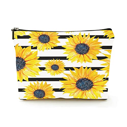 Tragbare Make-up-Tasche für Damen, Leinen, Reise-Kosmetiktaschen mit Reißverschluss, Make-up-Tasche für Geschäftsreisen, Sonnenblumen auf einem gestreiften Schwarz-Weiß von Ahdyr